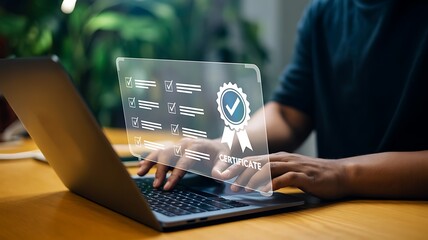 Person using laptop with digital certificate verification computer technology