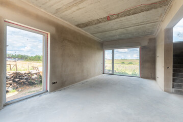 Unfinished Residential Room With Large Windows Overlooking Scenic Countryside