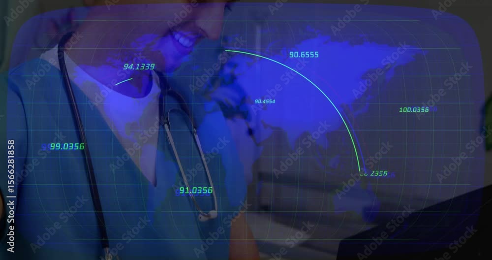Poster doctor tapping tablet and swiping data sets analyzing global health data with holographic world map