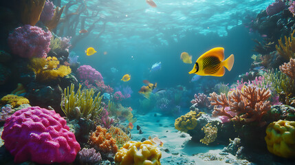 Vibrant coral reef teeming with diverse fish species in clear ocean water Sunlit underwater scene