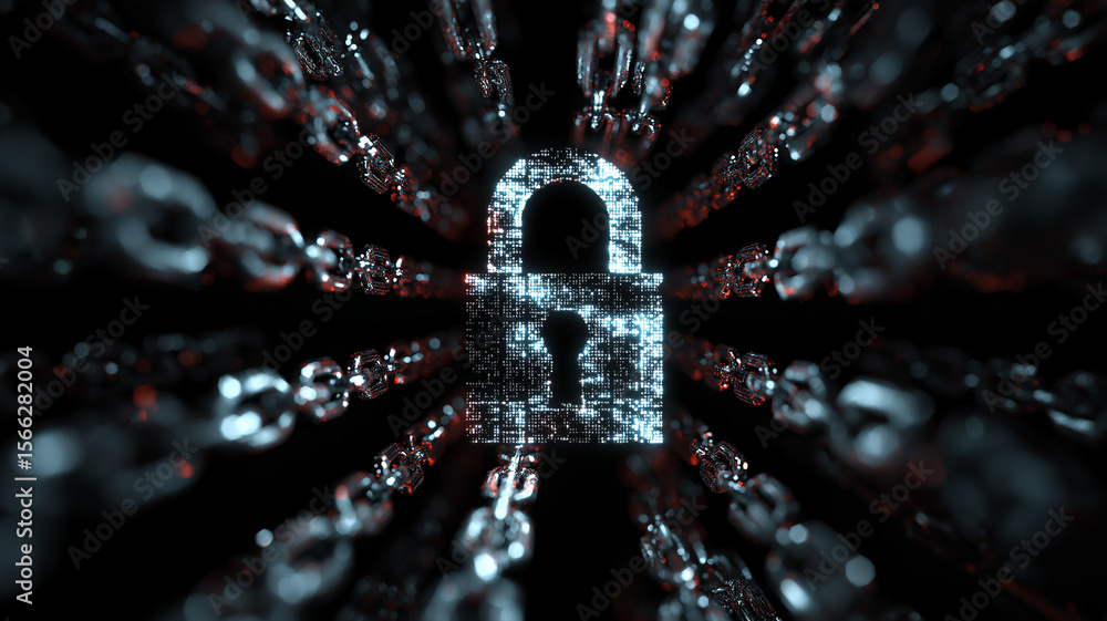 Poster Glowing digital padlock surrounded by chains symbolizes cybersecurity and data protection, highlighting importance of safeguarding information against cyber threats and ransomware