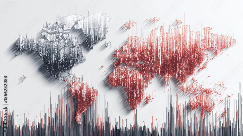 Poster Digital world map with red and gray vertical lines represents global economic trends and emerging markets. abstract design highlights economic data visualization and analysis