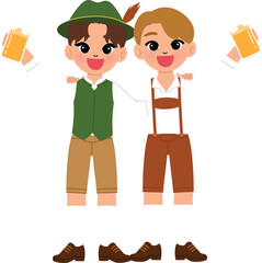 happy male wear lederhosen hug his friend with smile man wear traditional costume cartoon character celebrate Oktoberfest with beers illustration