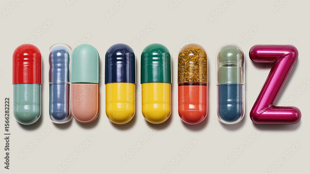 Poster colorful capsules and shiny letter z are arranged in row, showcasing playful and vibrant design. cap