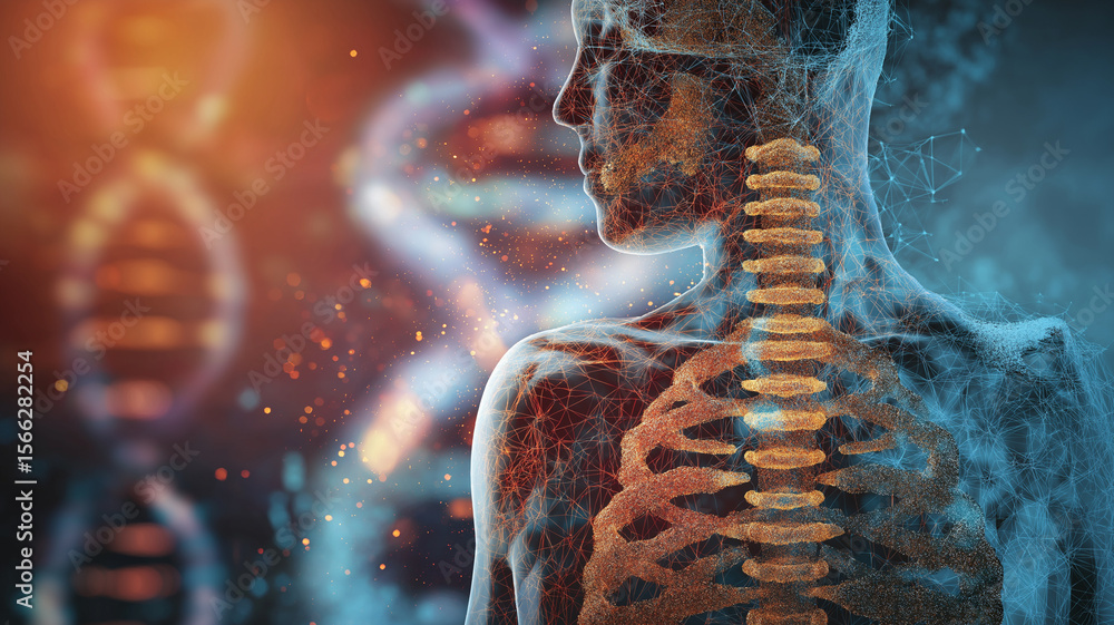 Poster digital representation of human skeleton with dna strands in background, symbolizing intersection of