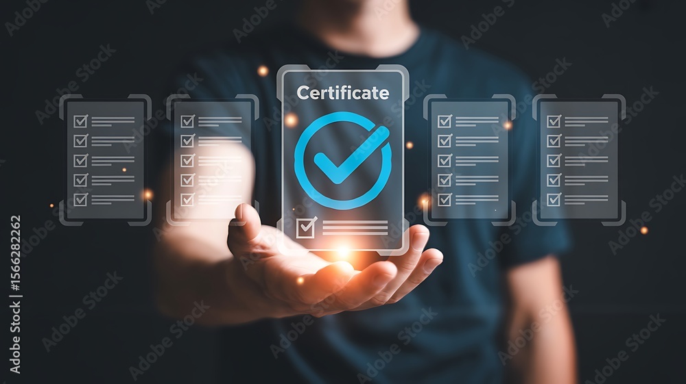 Poster person holding digital certificate with checkmarks and lists approval verification