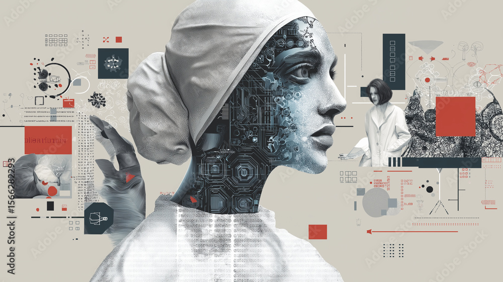 Aufkleber Futuristic depiction of humanoid robot with intricate circuitry, blending technology and human elements. background features abstract designs and person lab coat, symbolizing innovation