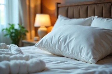 Luxurious White Pillow on Plush Bed Peaceful Sleep Scene, Soft Lighting, Tranquil Atmosphere, Calming Mood, Perfect for Relaxation and Restful Nights