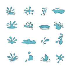 Water Drop and Splash Vector Set. Hand drawn waterdrop illustration. Set of versatile water splash vector illustrations. Flat vector set of clean blue water drops and splash illustrations..
