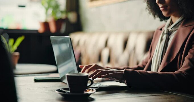 Typing, hands and laptop for hybrid work in cafe, research story and review email for journalism. Computer, woman and freelancer in coffee shop for news article, editing headline and fact checking