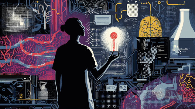 Silhouette of person holding glowing key stands amidst complex digital landscape, symbolizing intersection of technology and biology. scene is vibrant and thought provoking