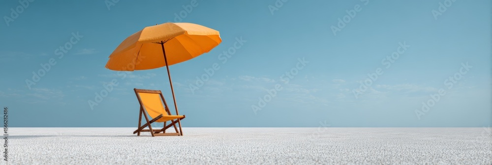 Poster orange beach chair and umbrella resting on pristine white sand, basking under a clear blue sky, crea