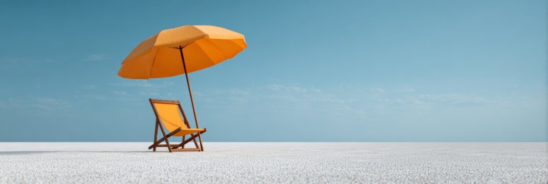 Orange beach chair and umbrella resting on pristine white sand, basking under a clear blue sky, creating a serene and inviting atmosphere perfect for a relaxing vacation