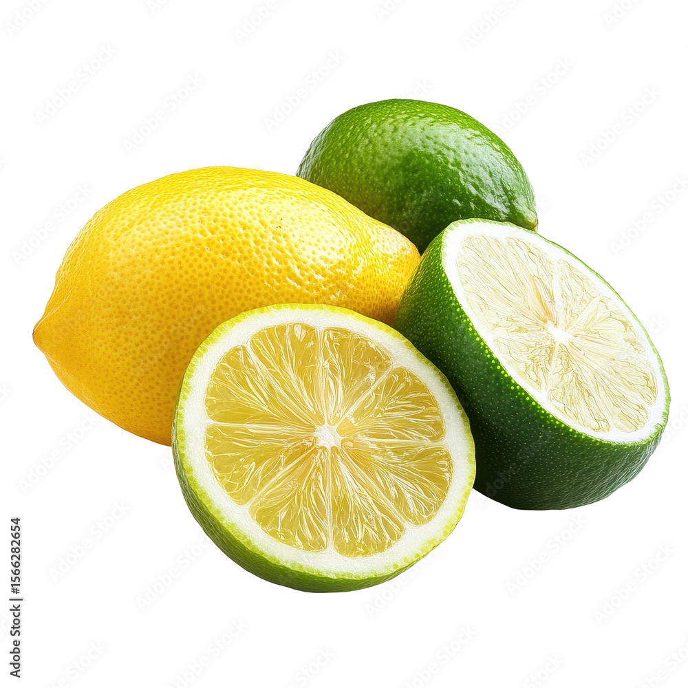 Poster fresh lemon and lime fruits displayed on a transparent background with sliced halves showcasing vibr