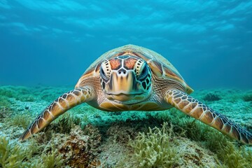Obraz premium Close up of a pig nose water turtle swimming gracefully underwater in a clear blue ocean, Close up of pig nose water turtle underwater swimming along