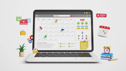 Organize schedules and projects, schedule planning management concept. Digital schedule calendar software, work time management, meetings, appointments. Calendar dashboard on laptop. 4K 3D animation