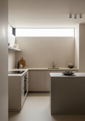 Minimalist modern kitchen with neutral tones, sleek cabinetry, natural light, and simple decor, creating a calm, sophisticated, and functional space