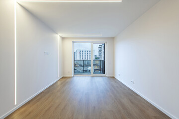 Modern Minimalist Apartment Interior with Wooden Flooring and Balcony View