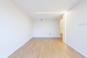 Empty Modern Room Interior with Wooden Flooring and White Walls