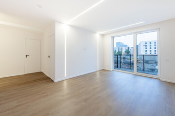 Modern Minimalist Apartment Interior With Balcony and Large Windows