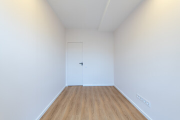 Minimalist Interior of a White Room with Wooden Flooring and a Closed Door