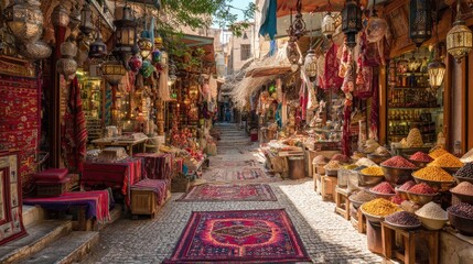 Vibrant Eastern Market Street with Colorful Spices and Textiles