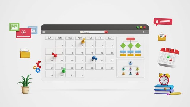 Organize schedules and projects, schedule planning management. Digital schedule software, work time management, meetings, appointments. Calendar dashboard with management icons. 4K 3D animation
