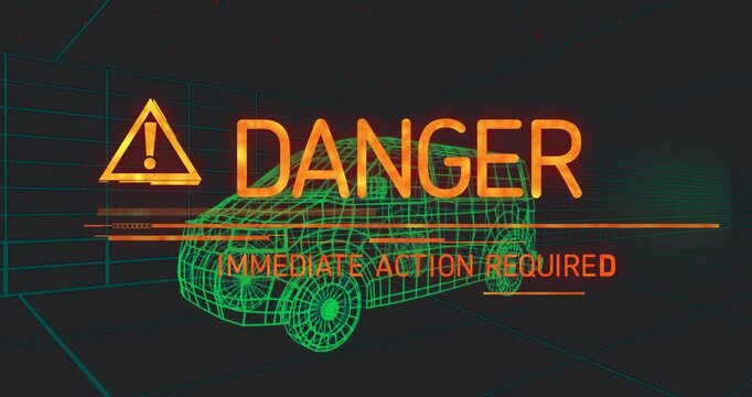 On start grid scanning van, warning icon appearing, texts morphing DANGER IMMEDIATE ACTION REQUIRED