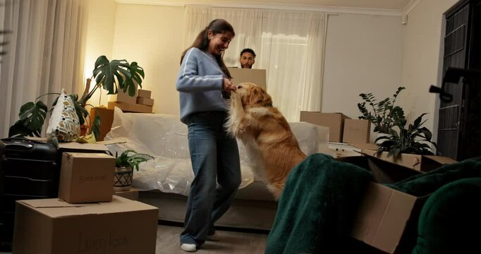 Dancing, box and couple with dog in new home, rental apartment and property for homeownership. Real estate, music and happy man, woman and pet celebrate for relocation, mortgage and house investment