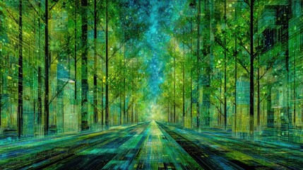 Obraz premium Experience a Breathtaking Digital Cityscape with Lush Trees and a Serene Road View in AI Art
