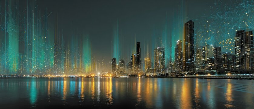 Futuristic cityscape at night digital lines and skyscrapers reflection