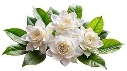 Elegant arrangement of pristine white gardenia flowers with lush green foliage