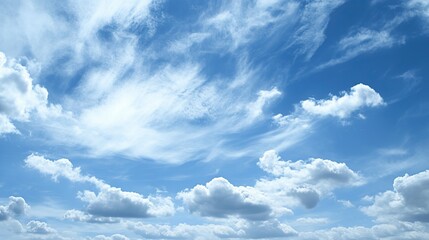 Obraz premium White clouds floating in a blue sky, showcasing high resolution, high quality, rich detail, sharp focus, and a distinct depth of field for clear, vivid natural scenery.