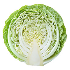 Freshly sliced green cabbage showcasing intricate layers on a clean Transparent background, Slice cabbage isolated on PNG background