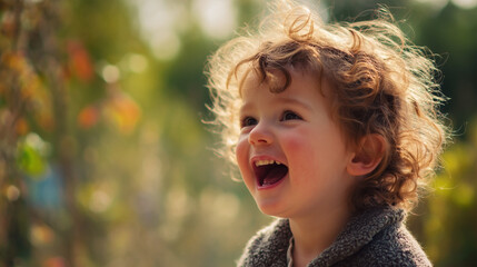 A young child with curly hair is smiling and laughing