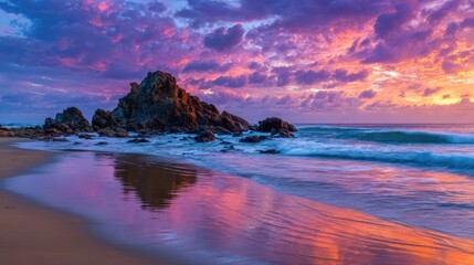 Vibrant Sunrise Over Coastal Rocks and Ocean Waves