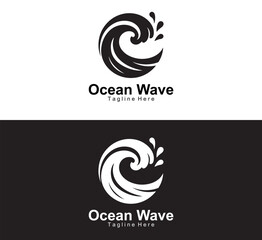 Minimal Ocean Wave Logo Design with Splash Icon in Black and White