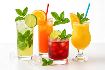 Refreshing summer cocktails drinks with orange lime and mint on white background