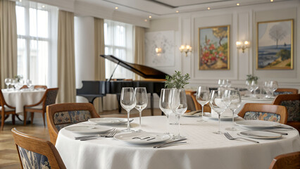 Elegant Restaurant Dining Room with Piano and Artwork