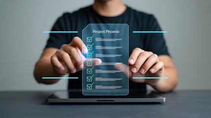 Person interacting with digital checklist on transparent screen project