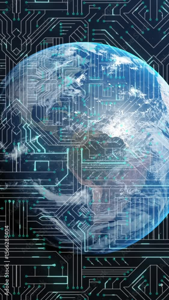 Poster animation of network of computer circuit board with light trails flowing over globe