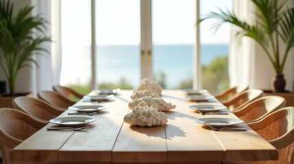 Elegant Beach House Dining Room Showcasing Natural Textures and a White Shell Centerpiece Bathed in Bright Air
