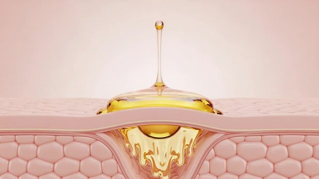 Golden Serum Droplet Penetrating Skin Layer With Microscopic Cellular Detail on Pink Background
