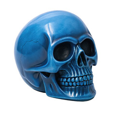 A haunting blue skull with sharp fangs, painted in a striking detail on transparent 