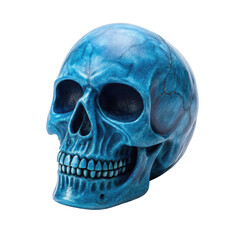 A haunting blue skull with sharp fangs, painted in a striking detail on transparent 