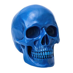 A haunting blue skull with sharp fangs, painted in a striking detail on transparent 
