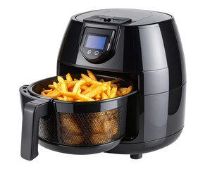  Modern Black Air Fryer with Open Basket, isolated on transparent background.