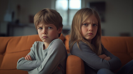 Two upset children with crossed arms sitting on orange couch indoors