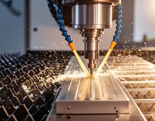 CNC milling machine processing on steel with cooling
