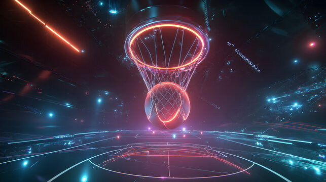 Glowing basketball hoop with a ball on a futuristic court in a dark and neon lit environment